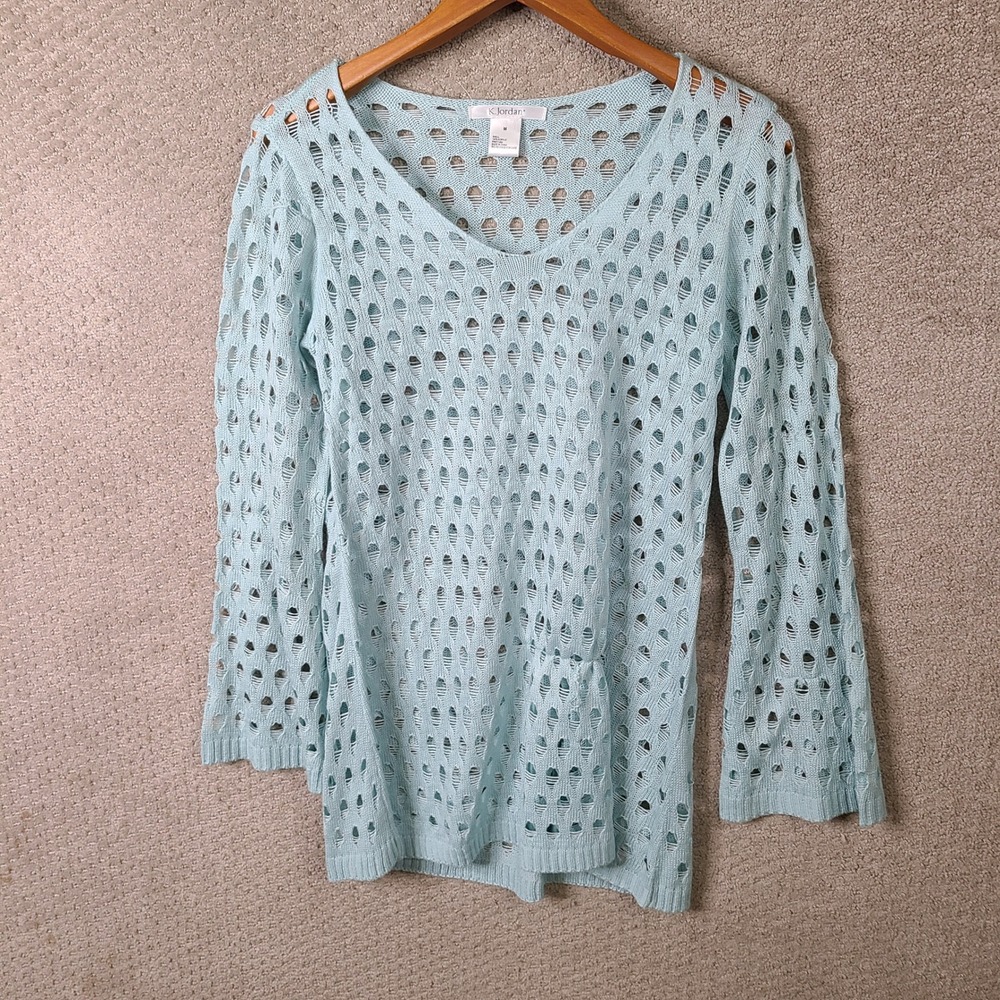K Jordan Sweater Womens Medium Blue Open Knit V Neck Acrylic Long Sleeve Casual